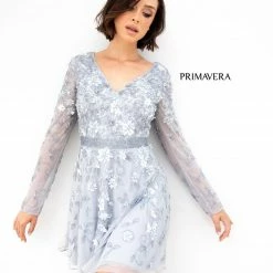 Long Sleeve Dresses Primavera 3716 Short Sheer Long Sleeve Formal Dress 3D Flower Appliques V Neck