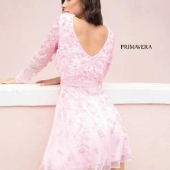 Long Sleeve Dresses Primavera 3716 Short Sheer Long Sleeve Formal Dress 3D Flower Appliques V Neck
