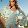 In Stock Jumpsuits & Rompers Primavera 3719 Aqua Romper Short Long Bell Sleeves Lace Embellished V Neck Beaded Size 2