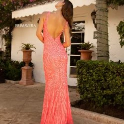 In Stock Backless Dresses Primavera Couture 3722 Size 00 Coral Iridescent Prom Dress V Neckline V Back Long Sequins Evening Gown 42 In Stock Backless Dresses Primavera Couture 3722 Size 00 Coral Iridescent Prom Dress V Neckline V Back Long Sequins Evening Gown