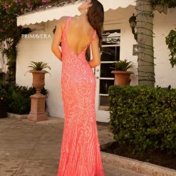 Primavera Couture 3722 Iridescent Prom Dress V Neckline V Back Long Sequins Evening Gown