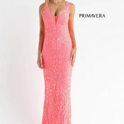 Primavera Couture 3722 Iridescent Prom Dress V Neckline V Back Long Sequins Evening Gown
