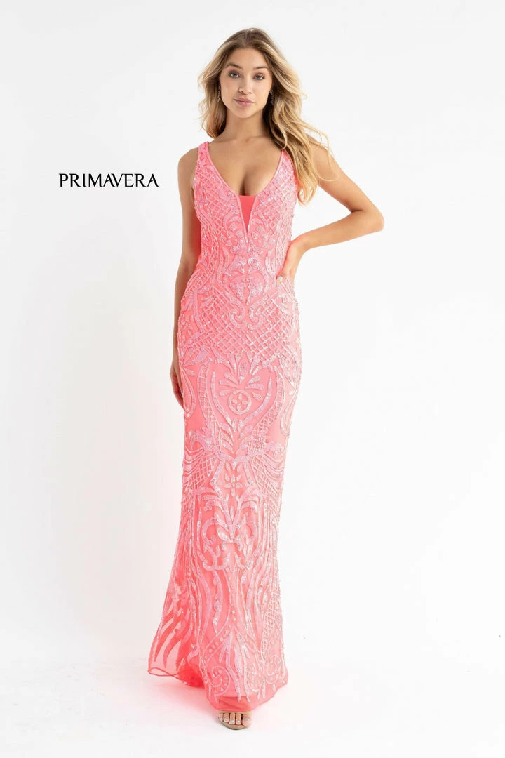 In Stock Backless Dresses Primavera Couture 3722 Size 00 Coral Iridescent Prom Dress V Neckline V Back Long Sequins Evening Gown 20 In Stock Backless Dresses Primavera Couture 3722 Size 00 Coral Iridescent Prom Dress V Neckline V Back Long Sequins Evening Gown