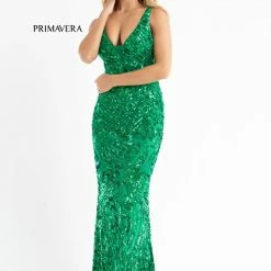 Primavera Couture 3722 Iridescent Prom Dress V Neckline V Back Long Sequins Evening Gown
