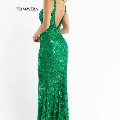 Primavera Couture 3722 Iridescent Prom Dress V Neckline V Back Long Sequins Evening Gown