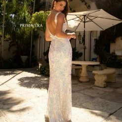 Primavera Couture 3722 Iridescent Prom Dress V Neckline V Back Long Sequins Evening Gown