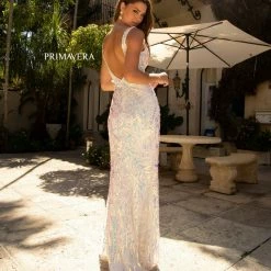 In Stock Primavera Couture 3722 Size 24 Iridescent Prom Dress V Neckline V Back Long Sequins Evening Gown
