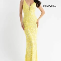 Primavera Couture 3722 Iridescent Prom Dress V Neckline V Back Long Sequins Evening Gown