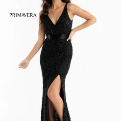 Primavera Couture 3723 Beaded Prom Dress Rosette Pattern V Neckline Evening Gown 36 Primavera Couture 3723 Beaded Prom Dress Rosette Pattern V Neckline Evening Gown