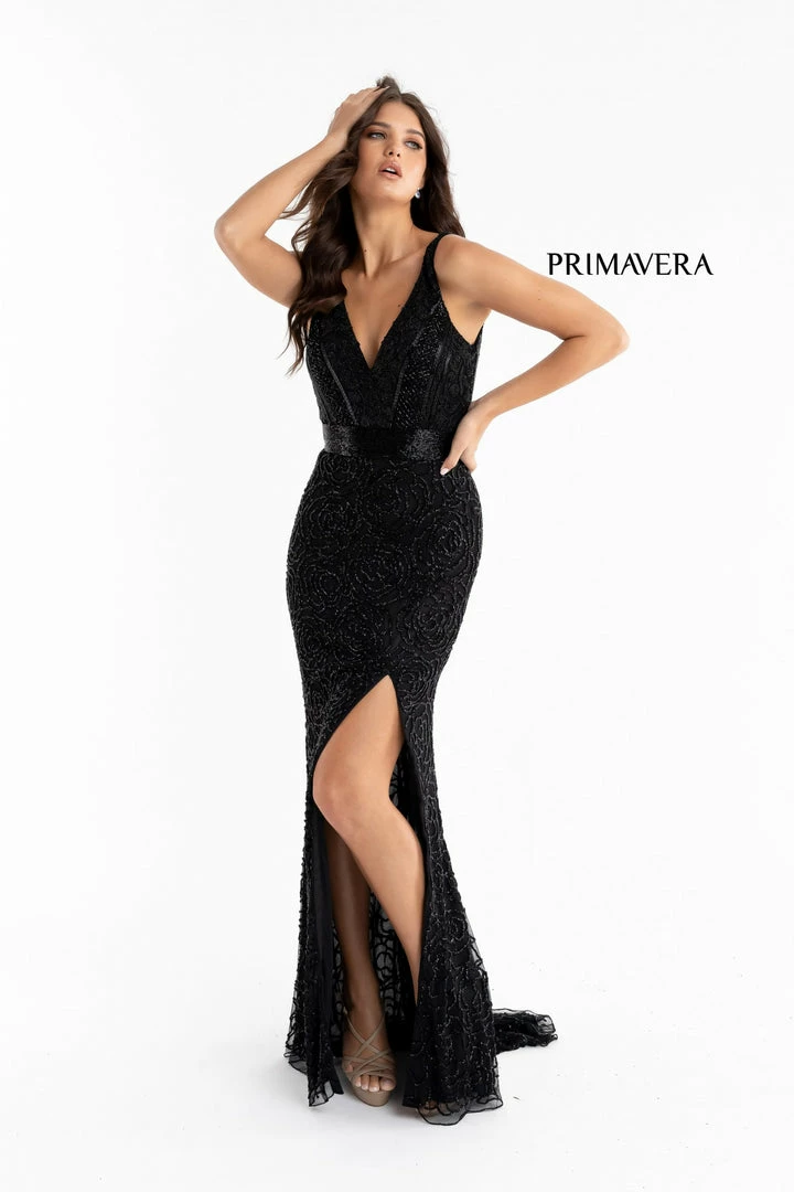 Primavera Couture 3723 Beaded Prom Dress Rosette Pattern V Neckline Evening Gown 18 Primavera Couture 3723 Beaded Prom Dress Rosette Pattern V Neckline Evening Gown