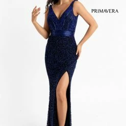 Primavera Couture 3723 Beaded Prom Dress Rosette Pattern V Neckline Evening Gown 29 Primavera Couture 3723 Beaded Prom Dress Rosette Pattern V Neckline Evening Gown