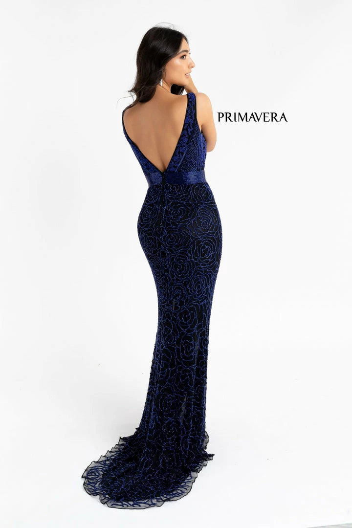 Primavera Couture 3723 Beaded Prom Dress Rosette Pattern V Neckline Evening Gown 10 Primavera Couture 3723 Beaded Prom Dress Rosette Pattern V Neckline Evening Gown