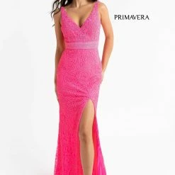 Primavera Couture 3723 Beaded Prom Dress Rosette Pattern V Neckline Evening Gown 26 Primavera Couture 3723 Beaded Prom Dress Rosette Pattern V Neckline Evening Gown