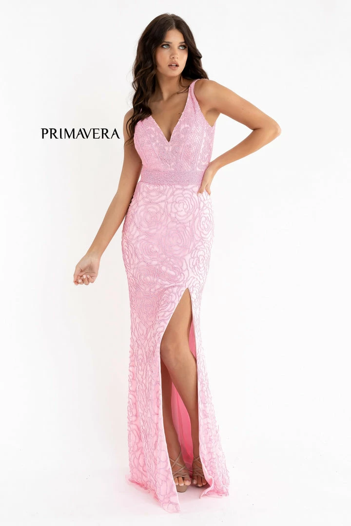 Primavera Couture 3723 Beaded Prom Dress Rosette Pattern V Neckline Evening Gown 5 Primavera Couture 3723 Beaded Prom Dress Rosette Pattern V Neckline Evening Gown