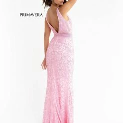 Primavera Couture 3723 Beaded Prom Dress Rosette Pattern V Neckline Evening Gown