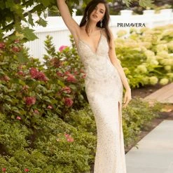 Primavera Couture 3724 Beaded Prom Dress Evening Gown V Neckline Backless Slit