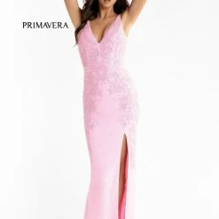 In Stock Primavera Couture 3725 Beaded Evening Gown Prom Dress V Neckline Floral Slit Ivory Size 12 Backless Dresses