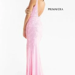 Primavera Couture 3725 Beaded Evening Gown Prom Dress V Neckline Floral Slit Backless Dresses
