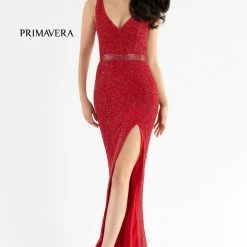 Primavera Couture 3725 Beaded Evening Gown Prom Dress V Neckline Floral Slit Backless Dresses