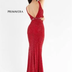 Primavera Couture 3725 Beaded Evening Gown Prom Dress V Neckline Floral Slit Backless Dresses