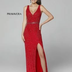 Primavera Couture 3725 Beaded Evening Gown Prom Dress V Neckline Floral Slit Backless Dresses