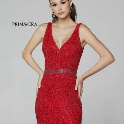 Primavera Couture 3725 Beaded Evening Gown Prom Dress V Neckline Floral Slit Backless Dresses