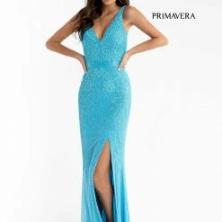 Primavera Couture 3725 Beaded Evening Gown Prom Dress V Neckline Floral Slit Backless Dresses