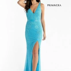 In Stock Primavera Couture 3725 Beaded Evening Gown Prom Dress V Neckline Floral Slit Ivory Size 12 Backless Dresses