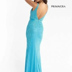 Primavera Couture 3725 Beaded Evening Gown Prom Dress V Neckline Floral Slit Backless Dresses