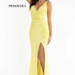 Primavera Couture 3725 Beaded Evening Gown Prom Dress V Neckline Floral Slit Backless Dresses