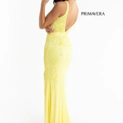 Primavera Couture 3725 Beaded Evening Gown Prom Dress V Neckline Floral Slit Backless Dresses