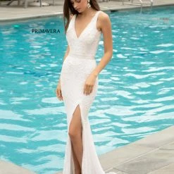 In Stock Primavera Couture 3725 Beaded Evening Gown Prom Dress V Neckline Floral Slit Ivory Size 12 Backless Dresses