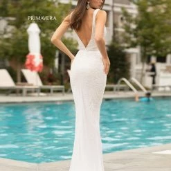 In Stock Primavera Couture 3725 Beaded Evening Gown Prom Dress V Neckline Floral Slit Ivory Size 12 Backless Dresses