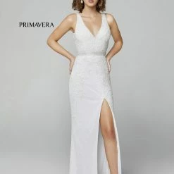 Primavera Couture 3725 Beaded Evening Gown Prom Dress V Neckline Floral Slit Backless Dresses