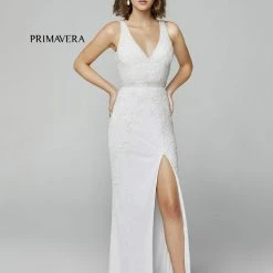 In Stock Primavera Couture 3725 Beaded Evening Gown Prom Dress V Neckline Floral Slit Ivory Size 12 Backless Dresses