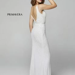 In Stock Primavera Couture 3725 Beaded Evening Gown Prom Dress V Neckline Floral Slit Ivory Size 12 Backless Dresses
