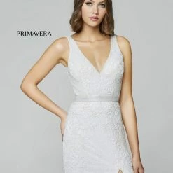 Primavera Couture 3725 Beaded Evening Gown Prom Dress V Neckline Floral Slit Backless Dresses