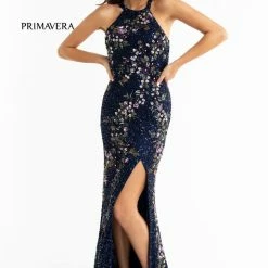 Primavera Couture 3726 High Neckline Prom Dress Floral Sequin Details Backless Slit Backless Dresses