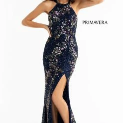 Primavera Couture 3726 High Neckline Prom Dress Floral Sequin Details Backless Slit Backless Dresses