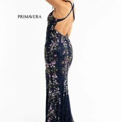 Primavera Couture 3726 High Neckline Prom Dress Floral Sequin Details Backless Slit Backless Dresses