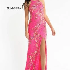 Primavera Couture 3726 High Neckline Prom Dress Floral Sequin Details Backless Slit Backless Dresses