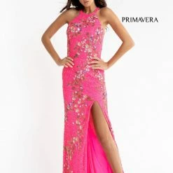 Primavera Couture 3726 High Neckline Prom Dress Floral Sequin Details Backless Slit Backless Dresses
