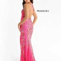 Primavera Couture 3726 High Neckline Prom Dress Floral Sequin Details Backless Slit Backless Dresses