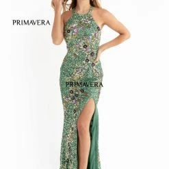 Primavera Couture 3726 High Neckline Prom Dress Floral Sequin Details Backless Slit Backless Dresses