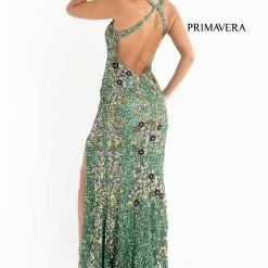 Primavera Couture 3726 High Neckline Prom Dress Floral Sequin Details Backless Slit Backless Dresses