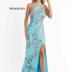 Primavera Couture 3726 High Neckline Prom Dress Floral Sequin Details Backless Slit Backless Dresses