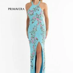 Primavera Couture 3726 High Neckline Prom Dress Floral Sequin Details Backless Slit Backless Dresses