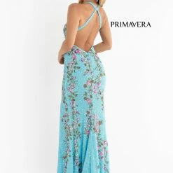 Primavera Couture 3726 High Neckline Prom Dress Floral Sequin Details Backless Slit Backless Dresses