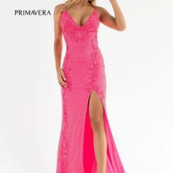 In Stock Primavera Couture 3727 Size 22 Prom Dress Beaded Floral Details V Neckline Backless Slit