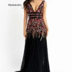 Primavera Couture 3728 Beaded A Line Prom Dress Floral Details V Neckline Sweeping Train Sequin Dresses